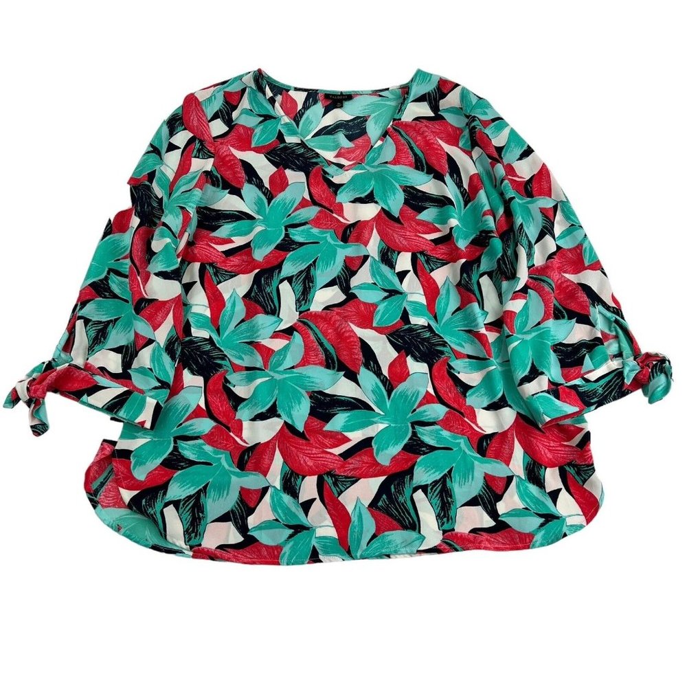 Talbots Pullover Top Women’s XL Green Red White Floral Print 3/4 Sleeve V-Neck